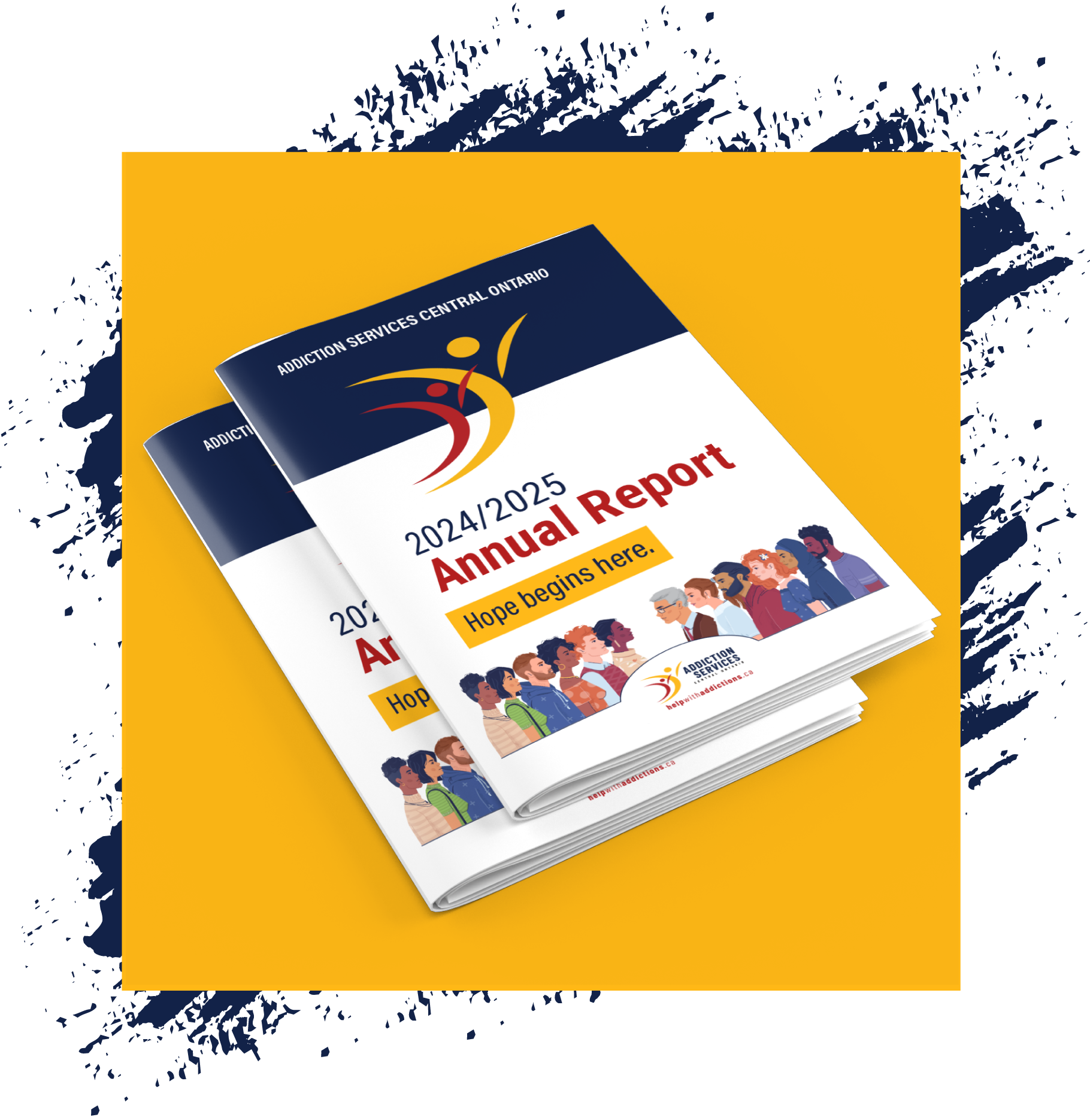 Visual depiction of ASCO's 2024/25 Annual Report booklet in a stack of 2