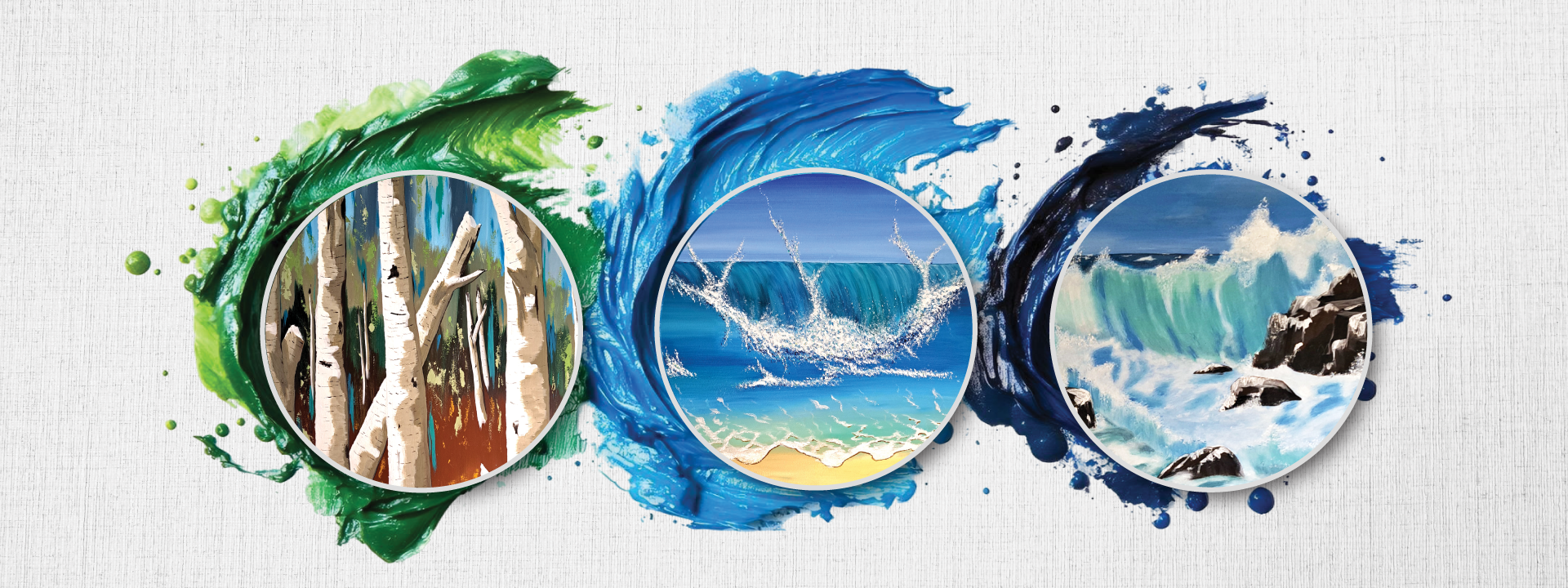 trees and seas paintings overlayed on blue and green paint strokes